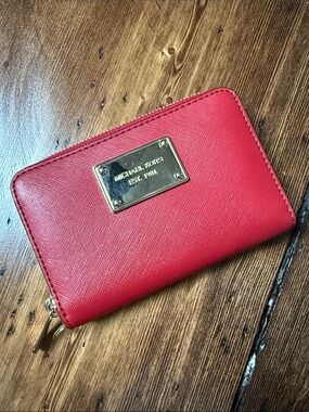 Michael Kors Red Zip-Around Wallet with Gold Plate